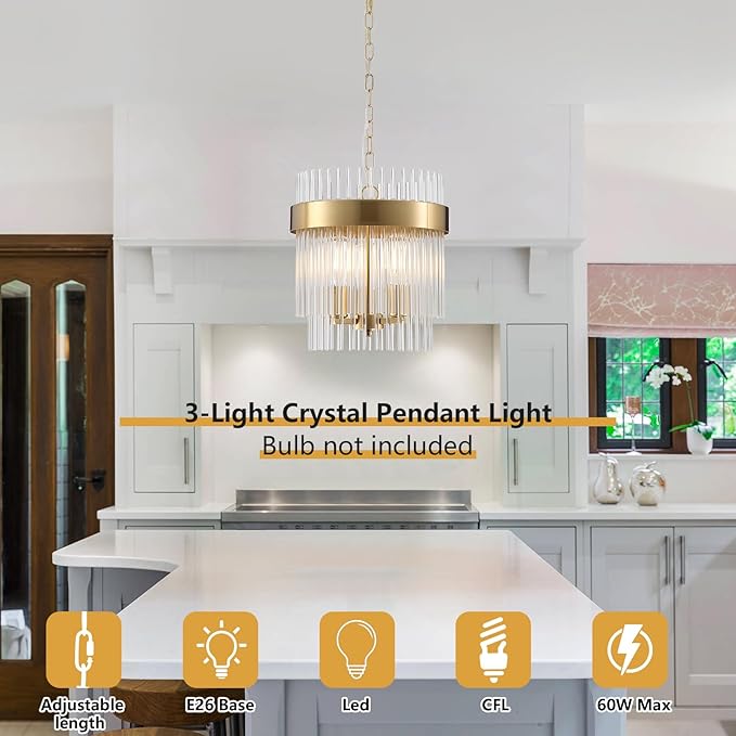 Dijiahua 3-Light Gold Pendant Lights Kitchen Island, 2-Tiers Crystal Pendant Light Fixtures Over Table, 12.6''Dia Brass Dining Room Glam Chandelier,Modern Adjustable Cord Hanging Lamp for Bedroom