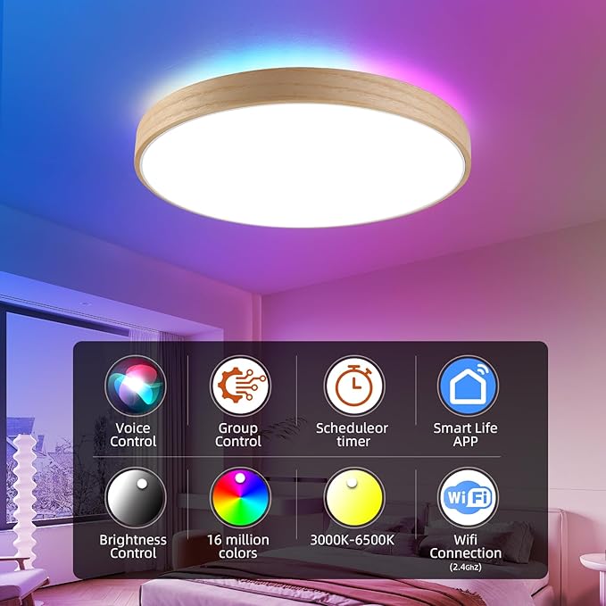 HOREVO Smart WiFi LED Ceiling Light with Remote - Alexa/Google Home, Dimmable RGB Color Changing Ceiling Light Fixture(2700K-6500K), 12" Modern Wood Flush Mount for Bedroom/Living Room/Kids Room