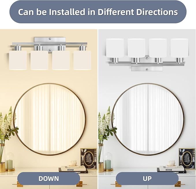 CANMEIJIA 4-Light Bathroom Vanity Light Fixtures with Brushed Nickel, Modern Vanity Lighting for Bedroom Living Room, Vanity Lights with Milky White Glass Shades, E26 Socket, Bulbs Not Included