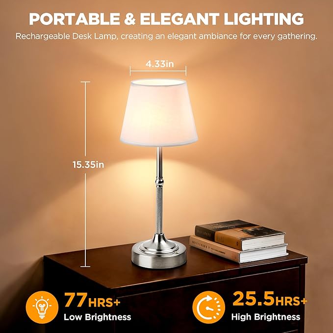 LUTEC 2 Pack Cordless Table Lamp, Battery Operated Lamp with 3 Color Temps and Stepless Dimming, 5200mAh Portable Rechargeable Table Lamp for Restaurant/Bedroom/Bars/Outdoor (Silver)
