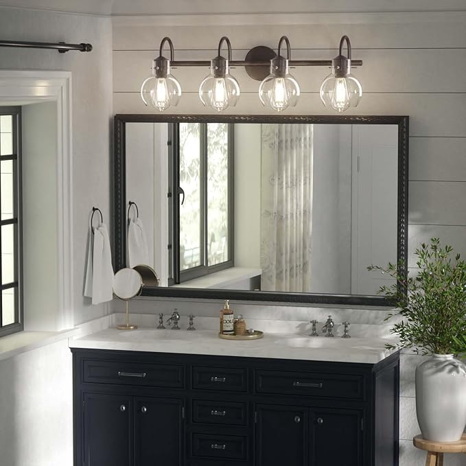 Matte Black Bathroom Vanity Light Fixtures, 4 Light Vanity Lighting Fixtures with Clear Glass Shade, E26 Base, UL Certification (Exclude Bulb)