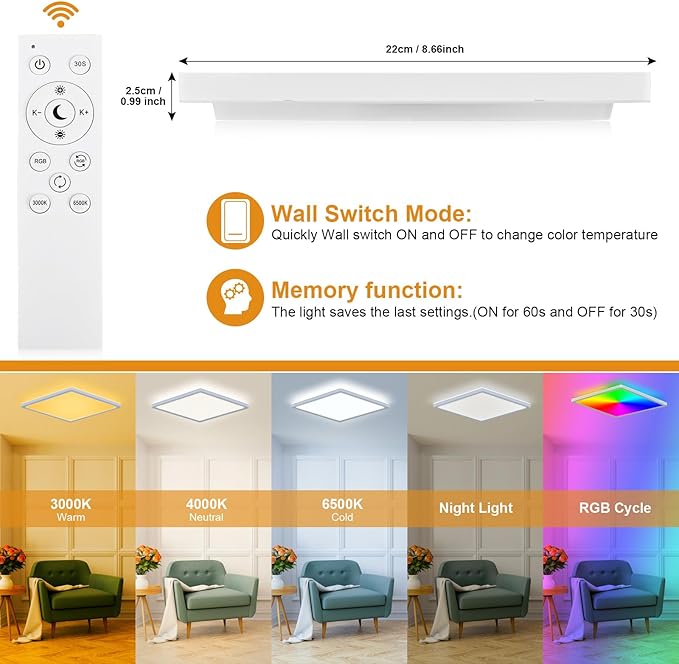 LEZOE RGB LED Ceiling Light Dimmable with Remote Control, 18W 1800lm Color Changing Light Flush Mount Fixture, 8.6 Inch 3000K-6500K Ceiling Lamp for Bedroom Kitchen Hallway Party Living Room