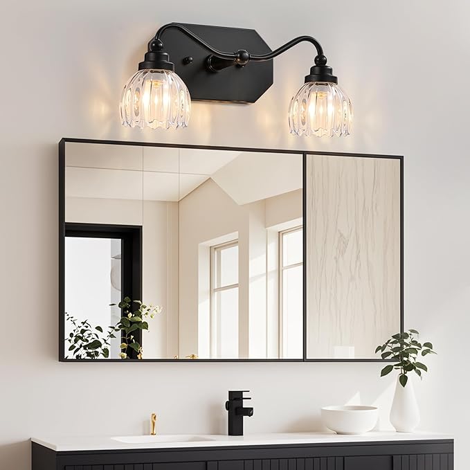 Vintage Bathroom Light Fixtures, 2 Light Bathroom Vanity Light, Black Matte Antique Brass Finish with Crystal Glass Shade, Mid Century Wall Sconces for Bedroom, Living Room, Hallway