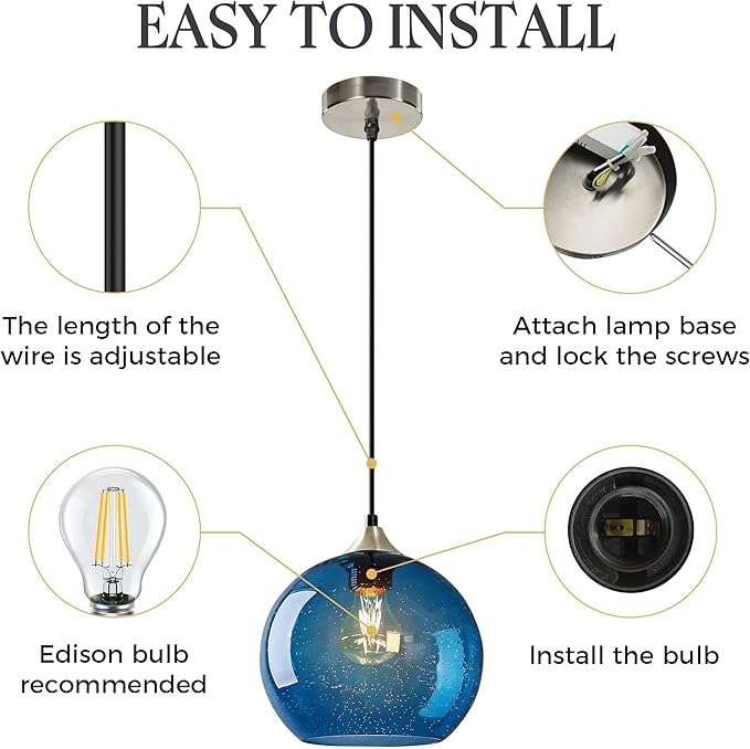 9.1in Large Blue Glass Pendant Light for Kitchen Island, 3-Pack with Extra LED Bulbs & 4.92ft Adjustable Cord | Modern Minimalist Lighting for Dining Room, Living Room, Entryway