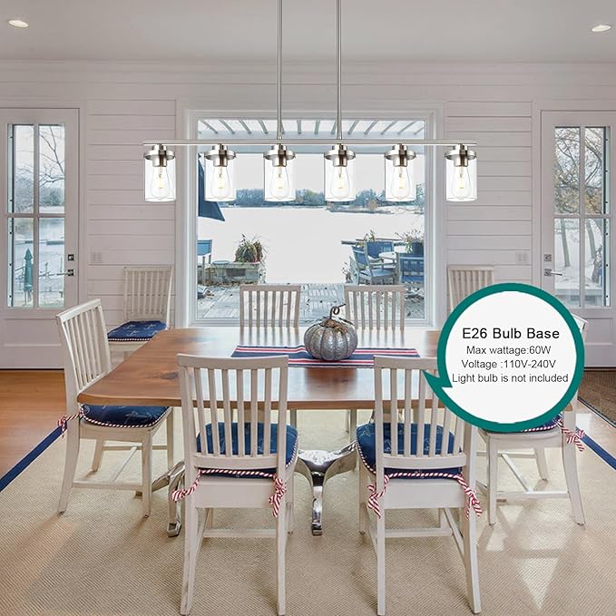 6 Light Pendant Lights Kitchen Island,Brushed Nickel Farmhouse Island Lighting Fixture Clear Glass Shade Pendant Lighting for Living Room Hallway Bedroom Dining Hall Office Bar