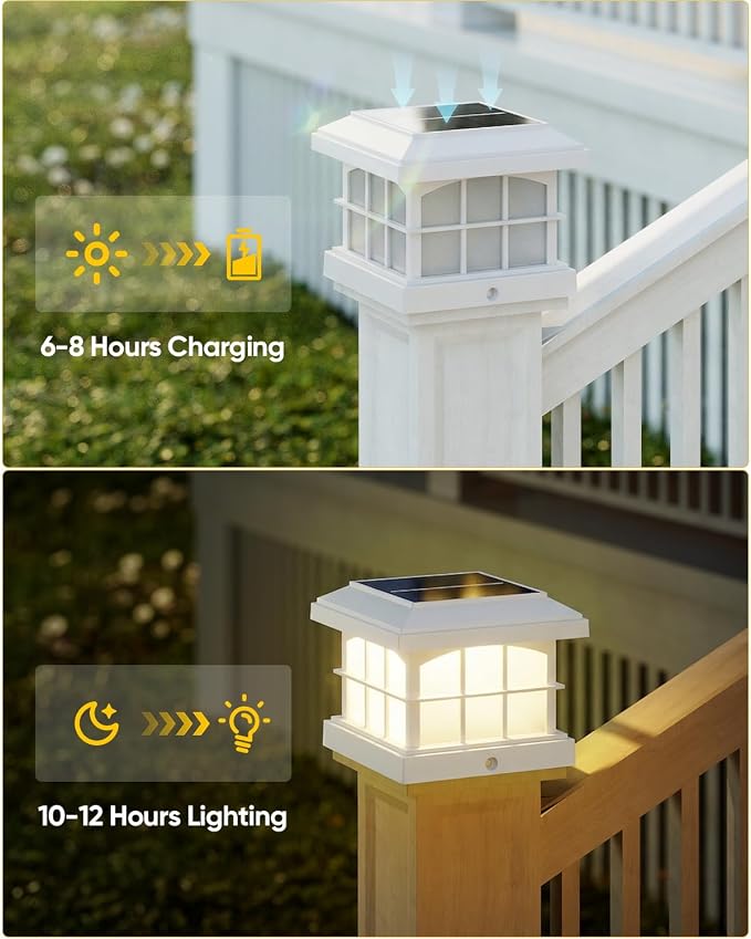 PARTPHONER RGBCW Solar Post Cap Lights 2-Pack, 9 Colors 3 Modes Fence Cap Lights, Bright Solar Outdoor Waterproof LED Deck Lighting for Fence Garden Deck Patio Porch Decor 4x4 Vinyl/Wood, White