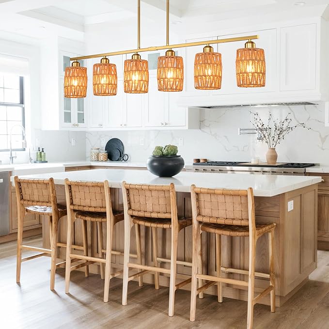 Rattan pendant lights for kitchen island,6-Light Boho Coastal Chandelier Gold,Bohemian Rustic Pendant Light Fixture for Dining Room,Height Adjustable,Farmhouse Woven Hanging Lights Over Table.