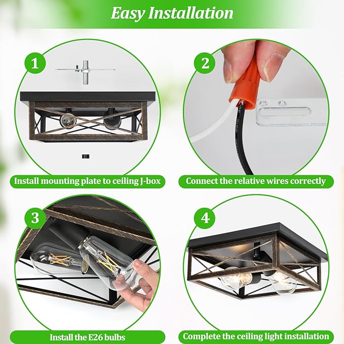 Oil Rubbed Bronze Hallway Light Fixture Ceiling, 2-Light Farmhouse Industrial Flush Mount Ceiling Lamp, 1-Pack Metal Kitchen Light Fixture, Close to Ceiling Lamp for Bedroom Living Room Entryway
