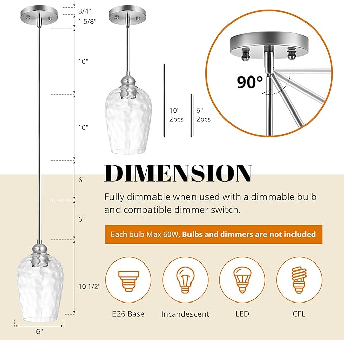 Glass Pendant Lights Kitchen Island, Brushed Nickel Pendant Light Fixtures with Hand-Blown Clear Glass, Modern Hanging Light for Kitchen Sink Dining Room Bedroom, E26