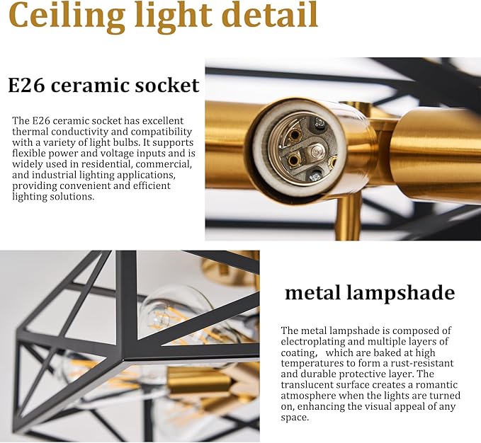 Modern Farmhouse Black and Gold Ceiling Light,Industrial Semi Flush Mount Ceiling Lighting Fixture,Hexagonal Lighting Fixtures for Kitchen,Bedroom,Living,Dining Room,Laundry Room,6-Light