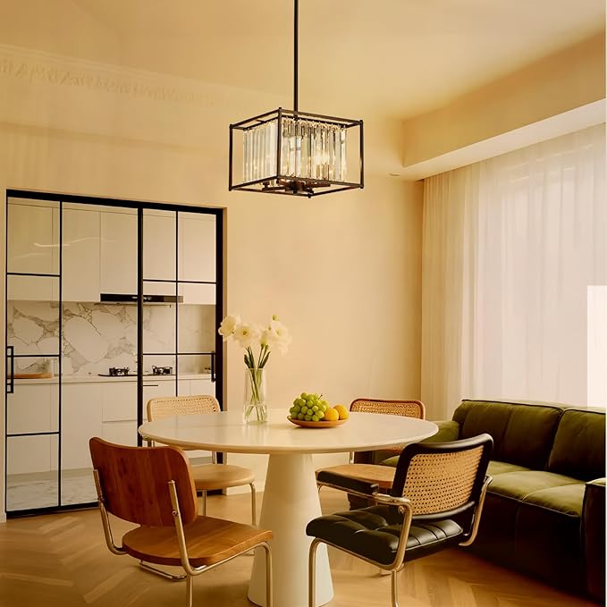 Square Small Crystal Chandeliers for Dining Room, 4-Light Black Pendant Ceiling Light Fixture 13" Mini Modern Farmhouse Adjustable Hanging Lamps for Bedroom Entryway Hallway