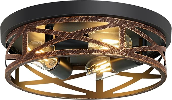 Flush Mount Ceiling Light Fixture,Vintage Metal Black Hallway Light Fixtures Ceiling,Light Fixtures Ceiling Mount for Farmhouse,Kitchen,Hall,Brown(1 Pack (Retro Metal Black, 13.11 inch)