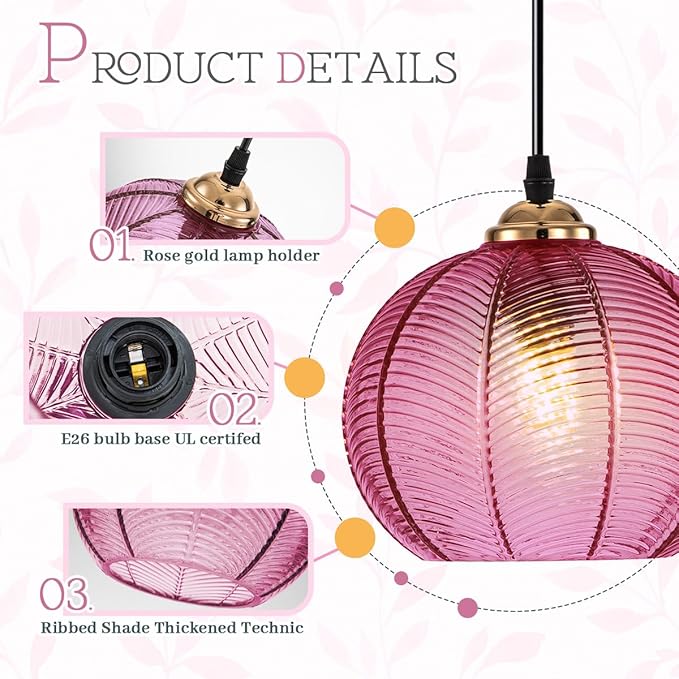 Purple Glass Plug in Pendant Light for Living Room, Black Vintage Hanging Ceiling Light Mid Century Hanging Lamp for Kitchen Bedroom Dining Room, Boho Light Fixtures