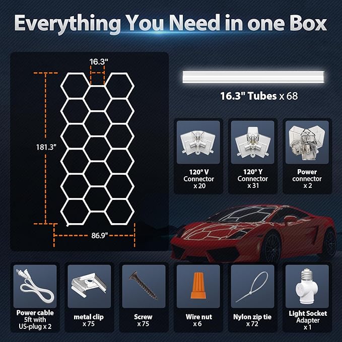 Hexagon Garage Lights: 476W 68 Pack 17 Grids LED Garage Lights - Easy Install 6500K Super Bright Honeycomb Light for Warehouse, Car Detailing Shop, Exhibition Hall, Gym