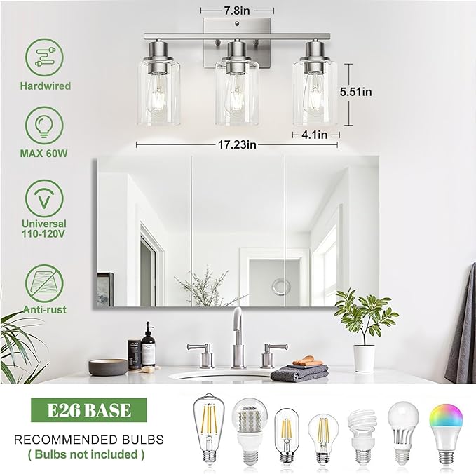 MOKATNG 3-Light Bathroom Light Fixtures, Vanity Light with Clear Glass Shades, Brushed Nickel Bathroom Light Fixtures Over Mirror, Modern Bathroom Wall Lamp for Mirror Living Room Cabinet Bedroom