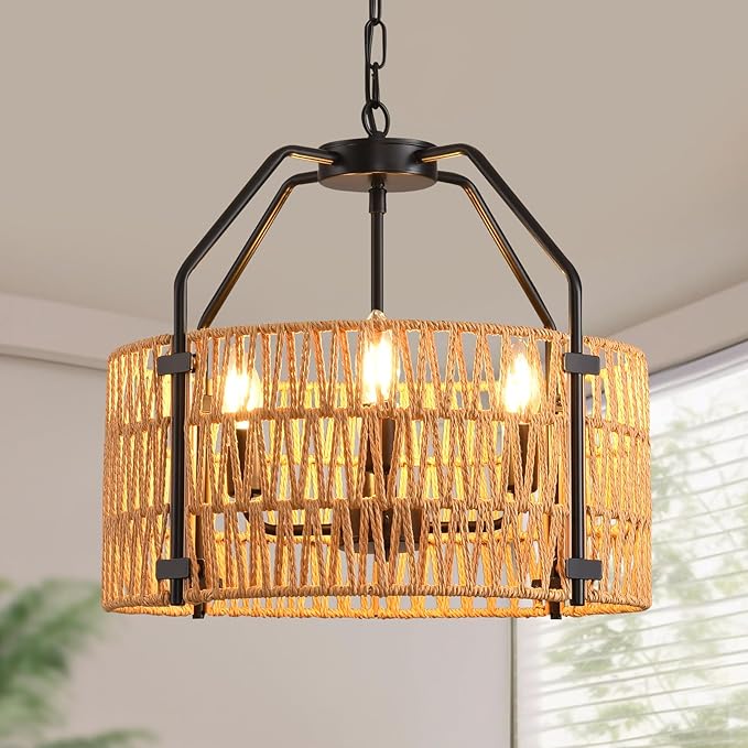 lobolighting 4-Light Rattan Chandelier Light Fixtures, 16.5" Boho Pendant Light with Hand Woven Drum Shade, Modern Farmhouse Chandelier for Dining Room Living Room Kitchen Island Bedroom