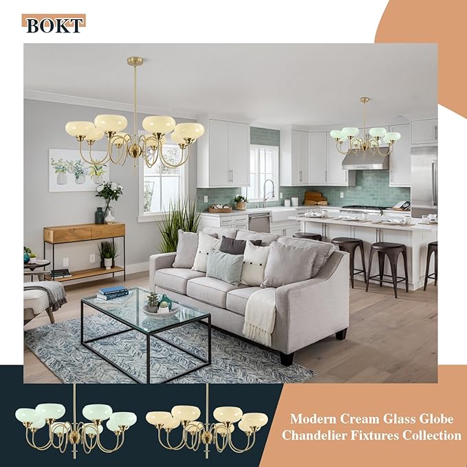 BOKT Large 8-Light Chandelier Modern Sputnik Chandeliers Flush Mount Ceiling Lights Cream Adjustable Height Pendant Lighting Vintage Gold Chandeliers with Light Yellow Glass Classic Ceiling Light