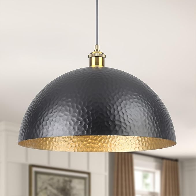 15.74" Black Farmhouse Pendant Light with Hammered Metal Shade Vintage Dome Pendant Light Adjustable Hanging Lighting fixtures for Kitchen Island Dining Room Hallway and Bar