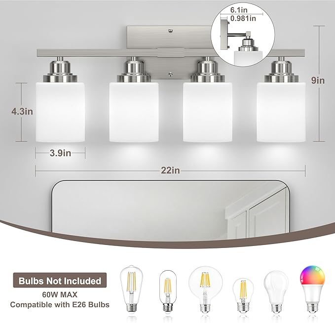 Sailstar Bathroom Light Fixtures, Brushed Nickel Vanity Light Over Mirror, 4-Light Wall Sconces with Milky White Frosted Glass Shades, Wall Lamp for Bedroom, Living Room, E26 Base (Bulbs Not Included)
