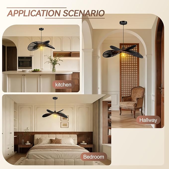 BoostArea Rattan Boho Chandelier Light Fixture,17.4" Hand Woven Wicker Pendant Light, Coastal Hanging Pendant Light for Kitchen Island Bedroom Living Room(Bulb not Included)