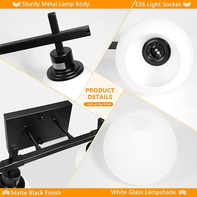 Dpyrrhic 2-Light Black Bathroom Lighting Fixtures Over Mirror,Modern Vanity Lighting Fixtures,Bathroom Wall Mounted Vanity Light with Milky White Glass Lampshade for Living Room，Bedroom，Hallway
