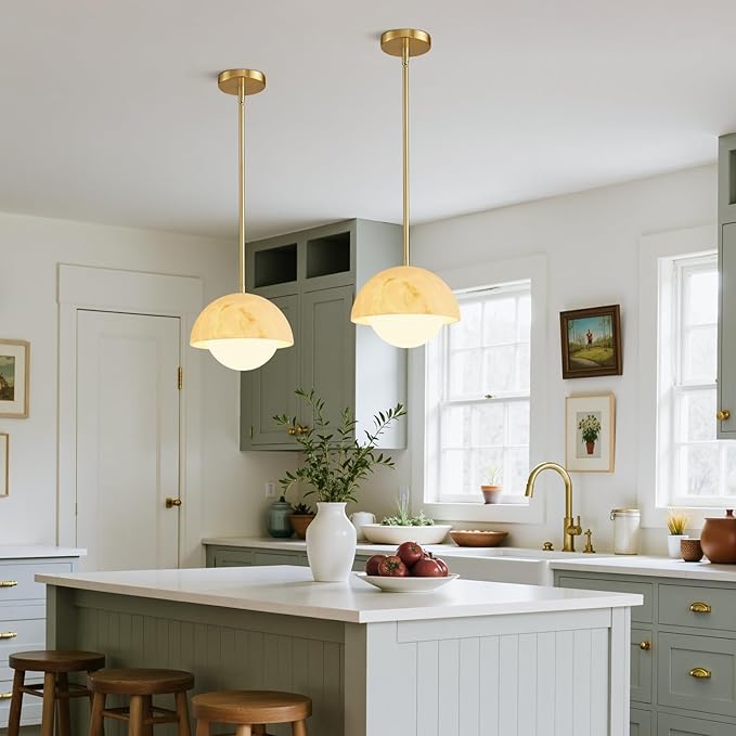Modern Pendant Light Fixtures: 10 Inch Resin Shade Mid Century Chandelier with Milk Glass Globe - Adjustable Gold Pendant Lighting for Kitchen Island 3 Packs
