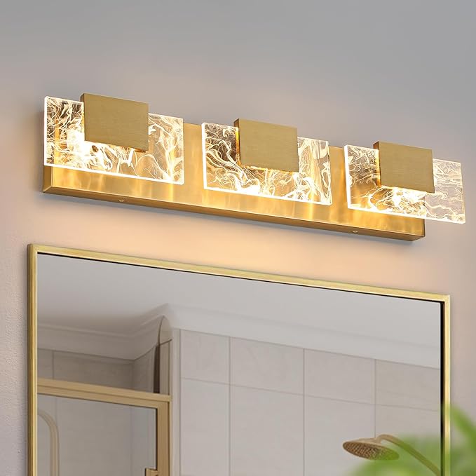 LED Bathroom Vanity Light: 24 inch Brushed Gold Acrylic Modern Lighting Fixtures - 3 Lights Contemporary Smoke Design Wall Lights Fixture Over Mirror 3000K