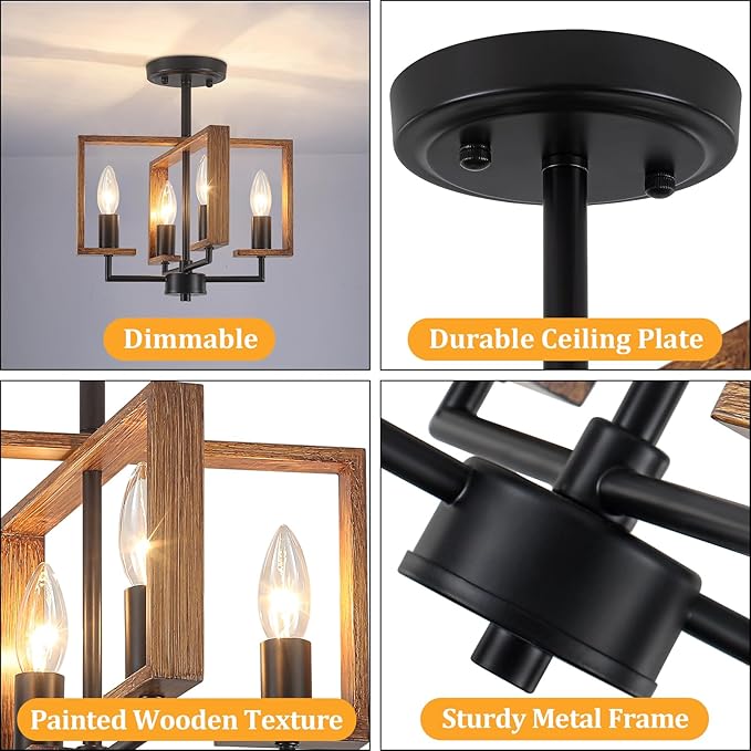 4-Light Farmhouse Ceiling Light, Semi Flush Mount Ceiling Light Fixture, Kitchen Island Lighting Rustic Wood Metal Geometric for Hallway Dining Room Entryway Laundry Bedroom