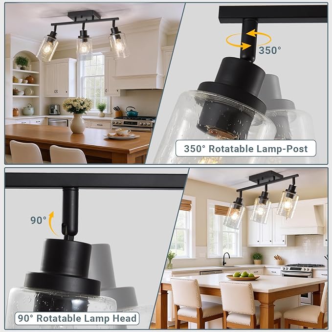 LOUSACE 3 Light Track Lighting Fixtures Ceiling with Rotatable E26 Heads, Bathroom Vanity Light Ceiling with Seeded Glass Shade, Kitchen Light Fixtures Over Sink for Kitchen Island Dining Room