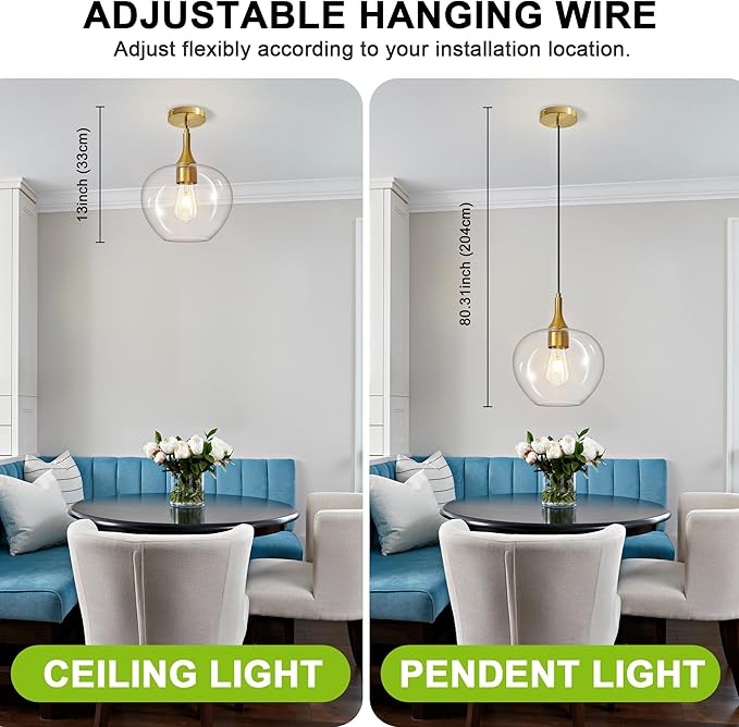 Glass Pendant Lights Kitchen Island, 9.45'' Brass Gold Pendant Lighting Fixtures, Modern Hanging Ceiling Light with Clear Glass Shade for Farmhouse Dining Room Bedroom Hallway(1 Pack)