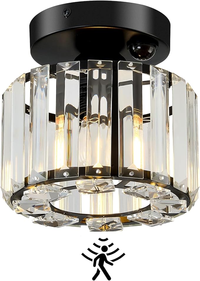 Indoor Motion Sensor Ceiling Light Fixture Modern Small Crystal Semi Flush Mount Ceiling Light Black Mini Round Chandelier for Hallway Closet Entryway Bathroom Kitchen