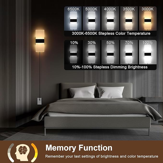 GOODATE 4 Pack Plug in Wall Sconces with Remote Control, Dimmable, Adjustable 3000K-6500K Colors, Black 12W Acrylic LED Plug in Wall Light, Wall Lamps for Bedroom Living Room Hallway Stair