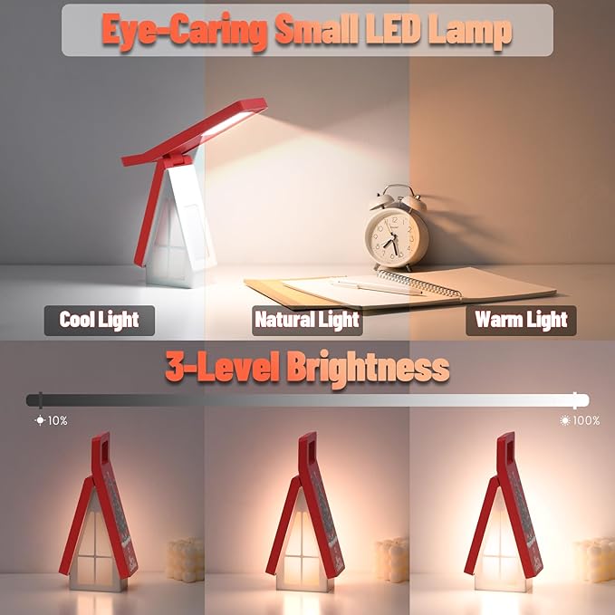 Bedside Table Lamp for Kids, Rechargeable Small Cordless Table Lamp, 3 Color Modes, Dimmble Nightstand Lamp Touch Control, Foldable Desk Lamp for Bedroom, Christmas Nightlight for Work, Study, Reading