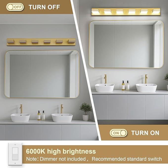 Modern LED Bathroom Lights Fixtures 6-Light,Metal Gold Acrylic Wall Lighting,Vanity Lights for Bathroom Over Mirror 6000k 41in