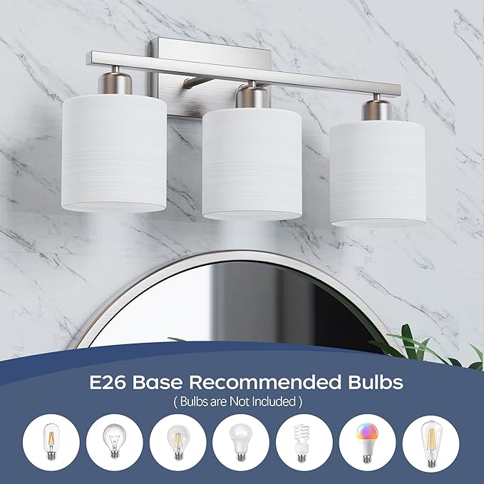 PARTPHONER Bathroom Light Fixtures, Bathroom Lighting Fixtures Over Mirror, Classic Vanity Lights, Modern Vanity Light with Textured Frosted Opal White Glass Shades, Brushed Nickel, 3-Light