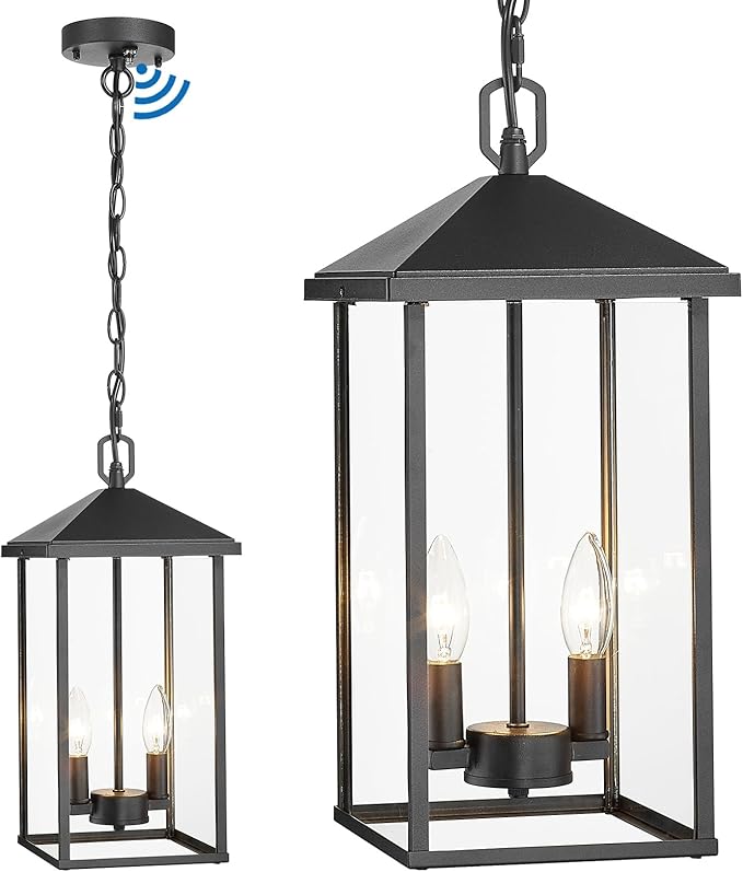 Large Outdoor Pendant Light Matte Black Hanging Light Fixture Ceiling Mount 2-Light, Dusk to Dawn Modern Large Outdoor Chandelier with Clear Glass Exterior Pendant Lights for Porch Patio