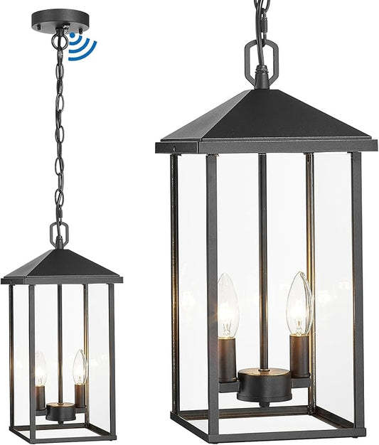 Large Outdoor Pendant Light Matte Black Hanging Light Fixture Ceiling Mount 2-Light, Dusk to Dawn Modern Large Outdoor Chandelier with Clear Glass Exterior Pendant Lights for Porch Patio