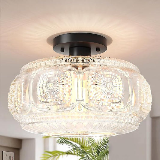 Semi Flush Mount Ceiling Light, Upgraded 12 inch Larger Black Glass Ceiling Light Fixture, Vintage Lighting for Hallway Kitchen Bedroom Dining Room, Bulb Not Included