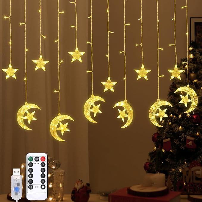 Lewondr 138 LED Star Moon String Curtain Lights, Hanging Fairy Lights with 6H Timer&8 Modes, USB & Remote Control Ramadan String Lights for Christmas Bedroom Wedding Party Xmas Indoor Decor,Warm Light