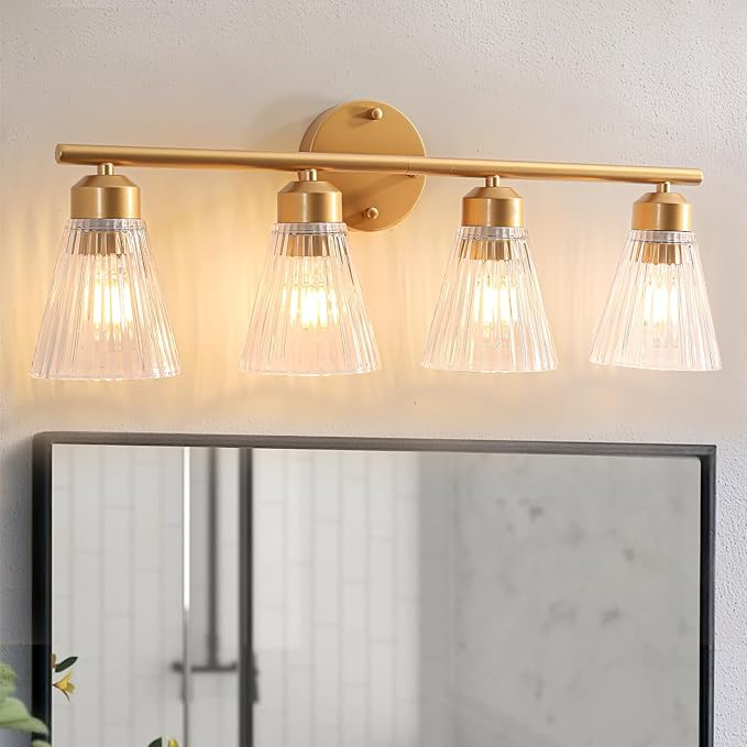 4-Light Bathroom Vanity Light, Painted Gold Bathroom Light Fixtures Over Mirror with Stripe Glass, Modern Wall Lamp, Wall Sconces Lighting for Living Room Bedroom Kitchen Hallway