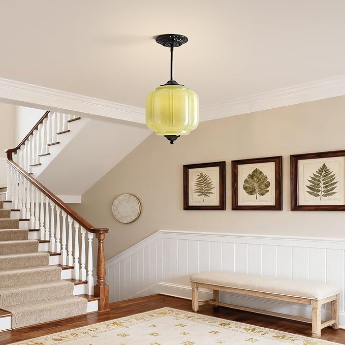 Milk Glass Pendant Light, 9 Inch Green 3 Color Adjustable Mid-Century Ceiling Light Fixture Schoolhouse Hanging Lamp Chandelier for Kitchen Dining Room Hallway Bedroom (Bulbs Included)