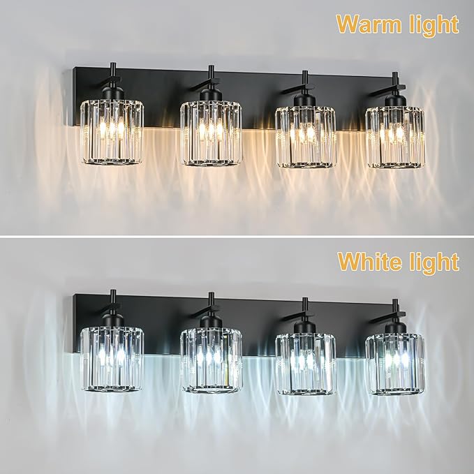 Black Crystal Bathroom Vanity Lights, Modern 4-Lights Bathroom Lighting Fixtures Over Mirror, Crystal Wall Lighting with Round Shade