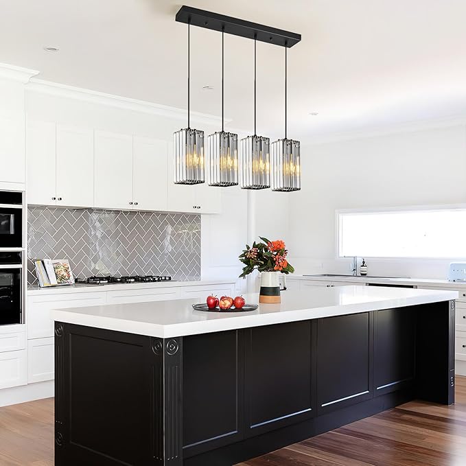 Modern Pendant Light Black Rectangle Pendant Lighting Mini Crystal Chandeliers Adjustable Pendant Light Fixture for Kitchen Island Dinning Room Living Room Corridor Bedroom(Black 4-Light)