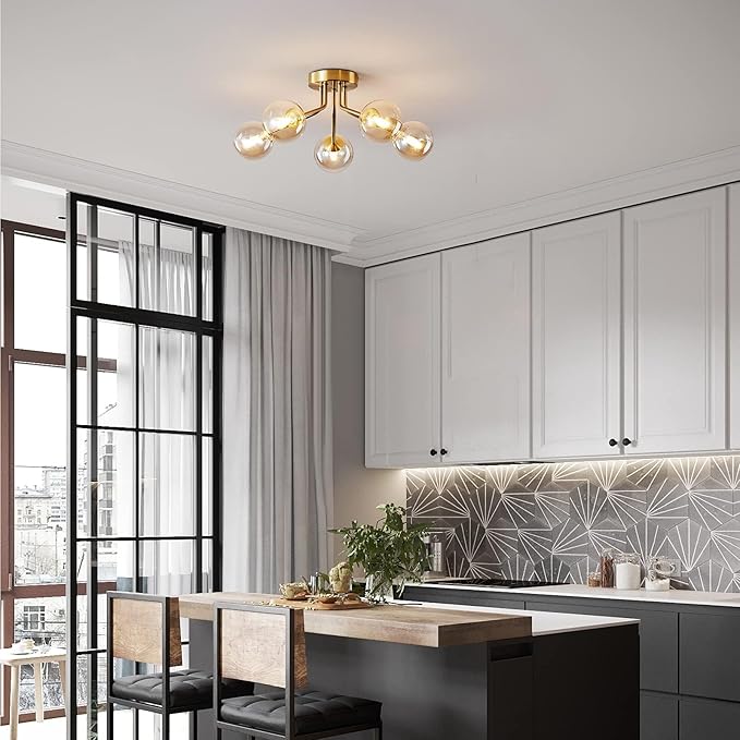 Modern Sputnik Chandeliers 5 Light Gold Semi Flush Mount Ceiling Light Fixture Pendant Lamps Bulb with Glass Globe Lighting for Bedroom Kitchen Living Dining Room Office
