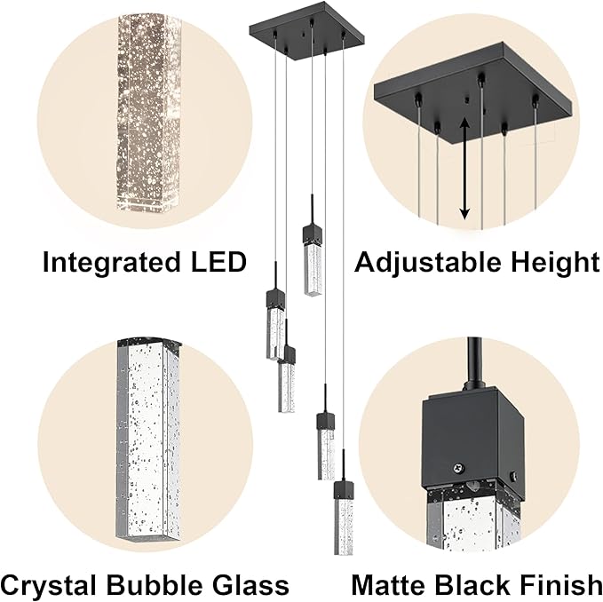 Vivio Lighting Modern Pendant Light Mini Pendant Lighting for Kitchen Island Bubble Crystal LED Adjustable Hanging Lights for Bathroom Living Room Black 4000K 5 Lights