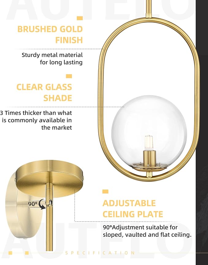 AUTELO Gold Pendant Lights, 1-Light Pendant Lights Kitchen Island in Brushed Gold Finish with Clear Globe Glass, Mid Century Pendant Light Fixtures, Gold Hanging Lights for Kitchen Island H9376 CLBG