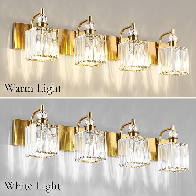 Ralbay Crystal Vanity Lights 4-Lights 31.5''Gold Bathroom Lighting Fixtures Over Mirror Modern Crystal Gold Bathroom Vanity Lights