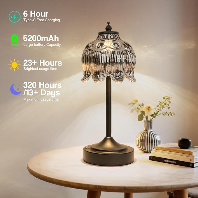 Cordless Lotus Flower Table Lamp, 5200mAh Rechargeable Battery Operated Portable Lamp, 3-Color Dimmable Touch Control Small Desk Lamp for Bedroom, Office, Kitchen, Nightstand,Room Decor(Black)