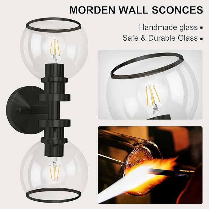 Wall Sconces Set of Two, Black Bathroom Sconces with Clear Glass, Hardwired Modern Wall Light Fixtures for Bathroom,TV Room,Mirror,Living Room,Hallway,Bedroom