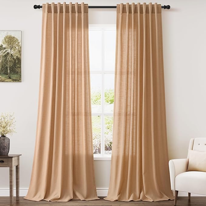 Camel Linen Curtains 120 Inch Extra Long for Living Room Back Tab Semi Sheer Light Filtering Drapes Modern Farmhouse Boho Decor Cotton Textured Curtain for Floor to Ceiling High Window 52x120